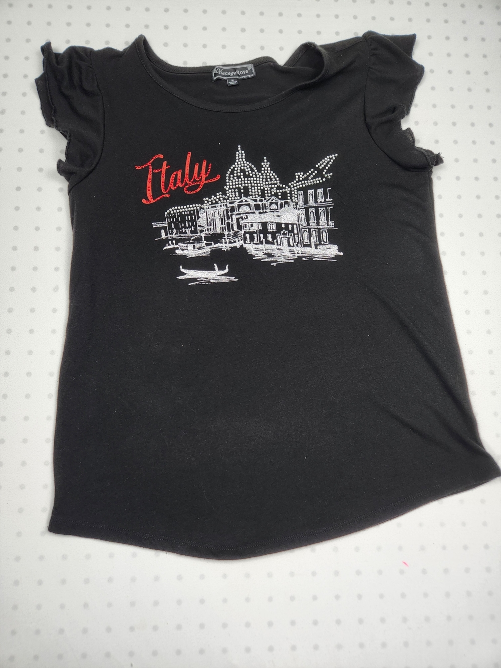 Vintage Rose Italy Rhinestone Top ✨ Black Flutter Sleeve Tee M